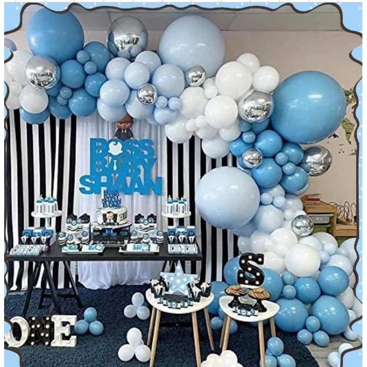 Baloane decorative Arcada, pentru Baieti, BABY SHOWER, ANGELBEAR, Arcada Baby BOSS, Set din 154 baloane, Model Petrecere, Baloane Party, 12 cm, 30 cm, 45 cm, Albastru, Bleu, Alb, Argitiu